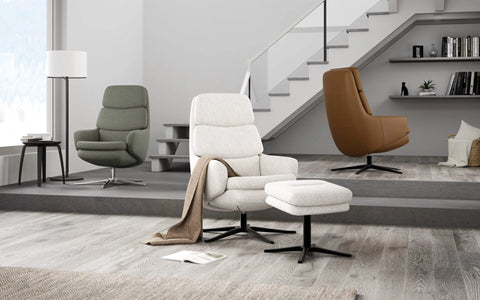 IMG Lyra compact leather recliner with timber arms at Recliner & Co Brisbane - ideal for small spaces.