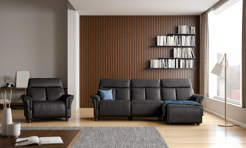 IMG Milan slimline leather motorised sofa on display at Recliner & Co Brisbane showroom.