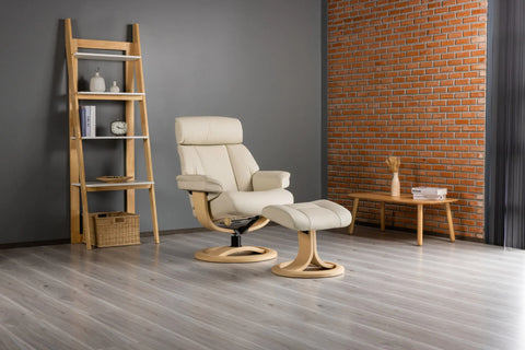 IMG Nordic 99 leather recliner with oak wood base at Recliner & Co Brisbane showroom.