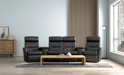 IMG Divani slimline leather motion sofa on display at Recliner & Co Brisbane - designer Scandinavian lounge suite.