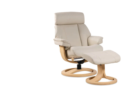 IMG Nordic 99 leather recliner with oak wood base at Recliner & Co Brisbane showroom.