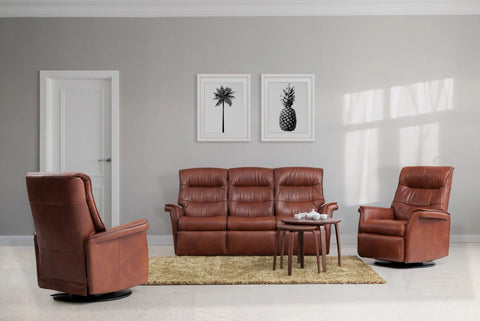 IMG Chelsea plush leather motion sofa at Recliner & Co Brisbane - high-back reclining sofa with tiered backrest.
