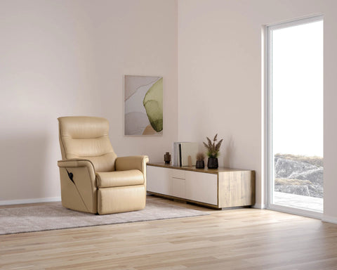 IMG Chelsea electric lift chair in soft leather - plush mobility seating at Recliner & Co Brisbane.