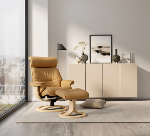 IMG Nordic 93 leather recliner with timber base on display at Recliner & Co Brisbane.