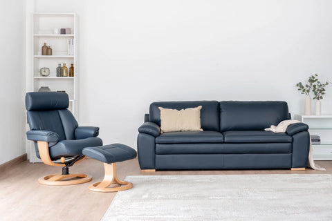 IMG Nordic 99 leather recliner with oak wood base at Recliner & Co Brisbane showroom.