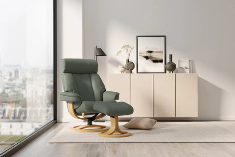 IMG Nordic 99 leather recliner with oak wood base at Recliner & Co Brisbane showroom.