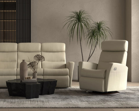 IMG Divani slimline leather motion sofa on display at Recliner & Co Brisbane - designer Scandinavian lounge suite.